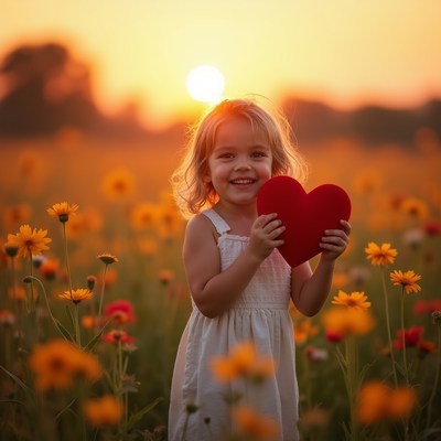 Girl holding heart in sunset field