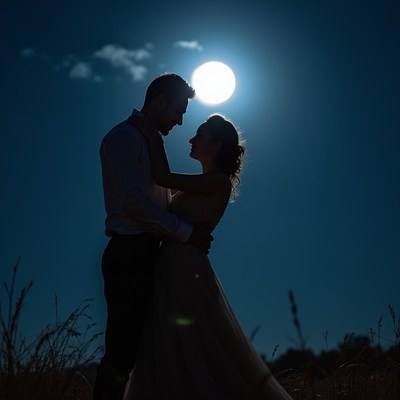 Couple embraces under full moon