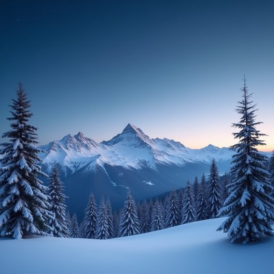 Snowy mountains in twilight sky