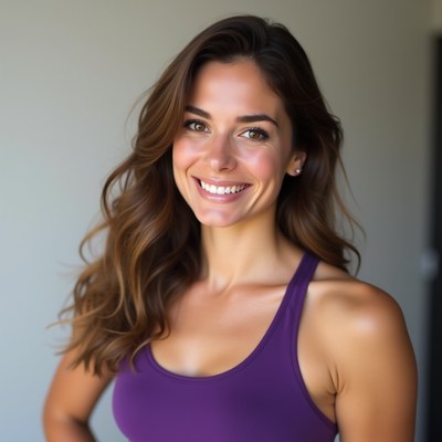 Woman smiling in purple top in indoor space