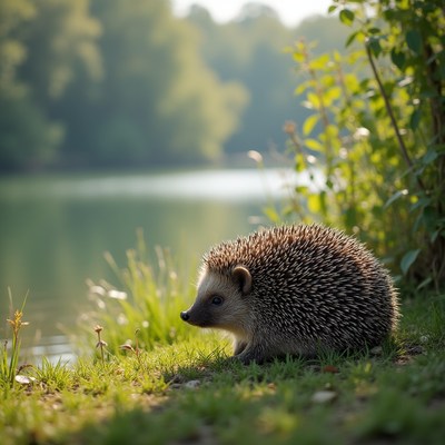 Hedgehog near the water at sunset