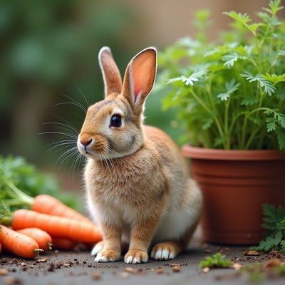 Rabbit beside garden and carrots