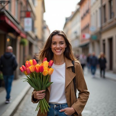 Woman holds tulips in city street