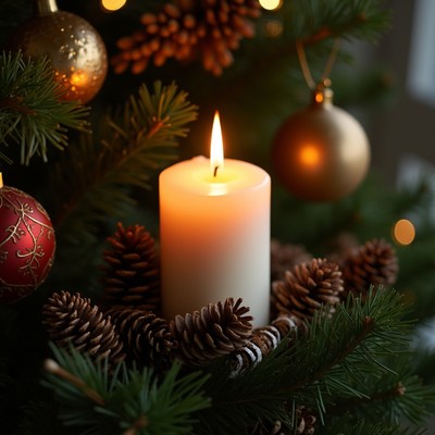 Candle and ornaments on christmas tree