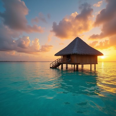 Sunset over water bungalow in tropical setting