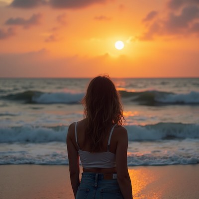 Woman watches sunset at the beach