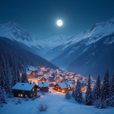 Winter village under full moon