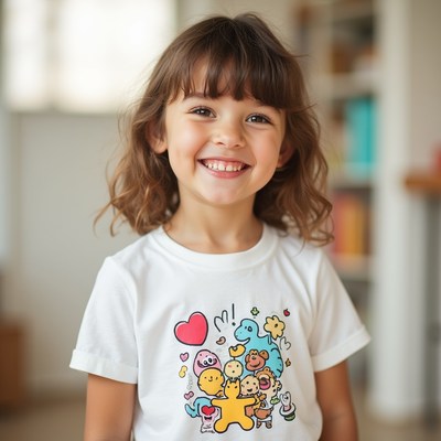 Smiling girl with cartoon shirt indoors