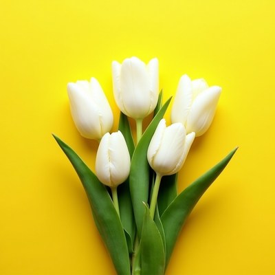 White tulips on yellow background
