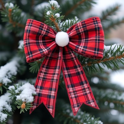 Red plaid bow on pine tree branch