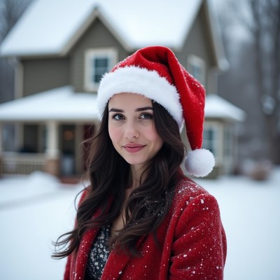 Woman wearing a red hat in snow