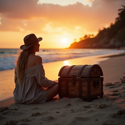 Sunset on the beach with treasure chest