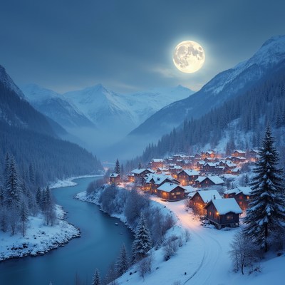 Winter night at a mountain village