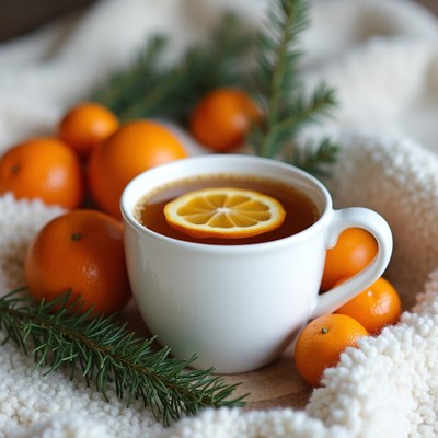 Warm drink with fresh fruits on table