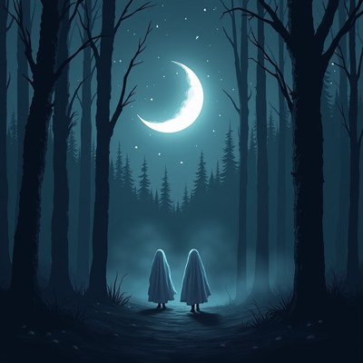 Two figures walk in moonlight forest
