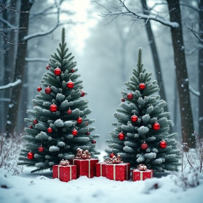 Christmas trees in snowy forest