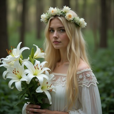 Woman holding lilies in forest