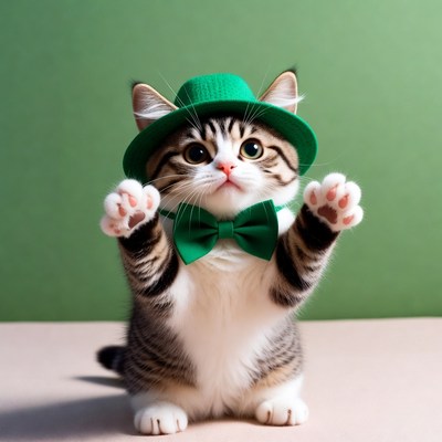 Cat in green hat and bow tie