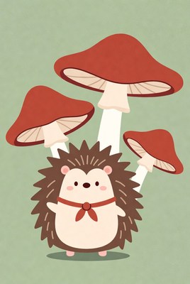 Cute hedgehog with mushrooms in cartoon style