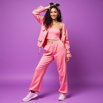 Bright pink outfit on model in studio