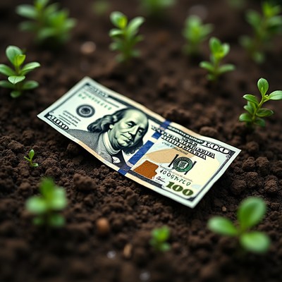 Money planted in soil with seedlings nearby