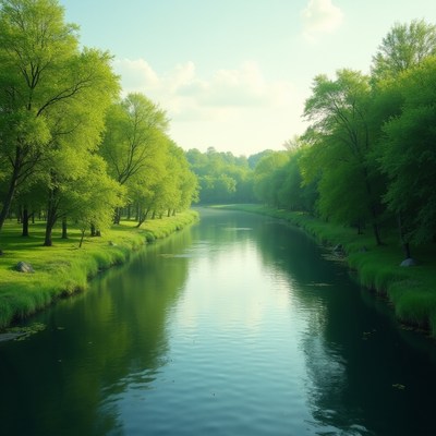 River flows through green trees