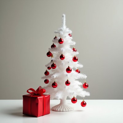 White christmas tree with red ornaments