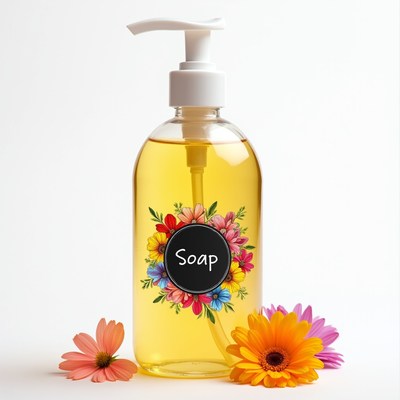 Soap bottle with flowers around it