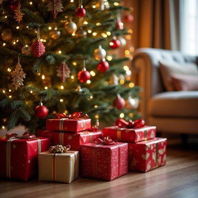 Gifts under the christmas tree at home