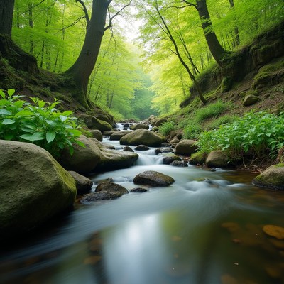 Flowing stream in lush forest