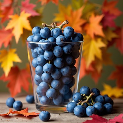 Blue grapes in glass with autumn leaves