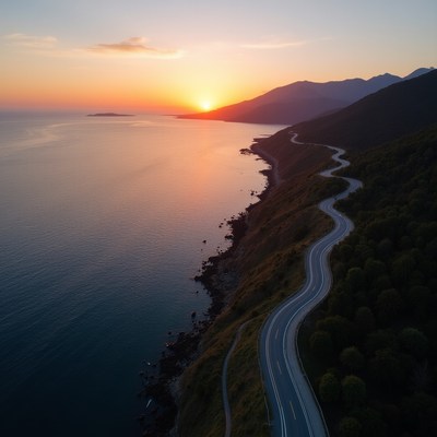 Scenic coastline road at sunset