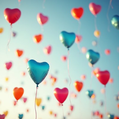 Colorful heart balloons fill the sky
