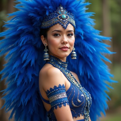 Woman in blue feather headdress performing