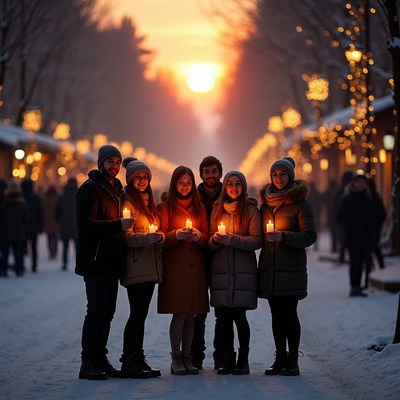 Friends enjoy winter sunset together