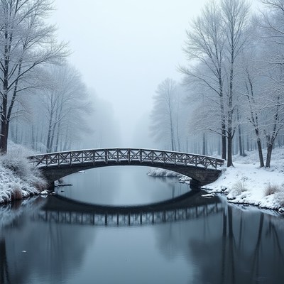 Snow covers bridge and trees near river