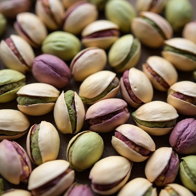 Colorful pistachio nuts scattered on table