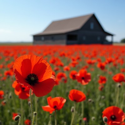 Red poppies blooming near a farmhouse