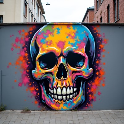 Colorful skull mural on urban wall