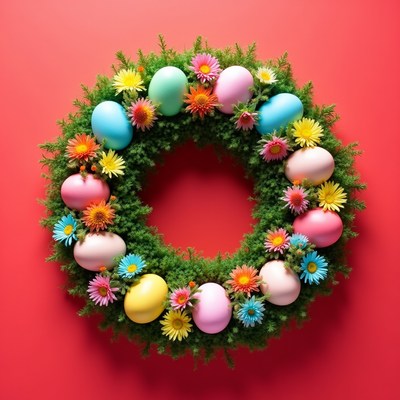 Colorful wreath with eggs and flowers