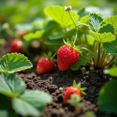 Fresh strawberries growing in the garden