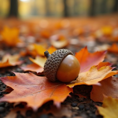 Acorn on orange maple leaves
