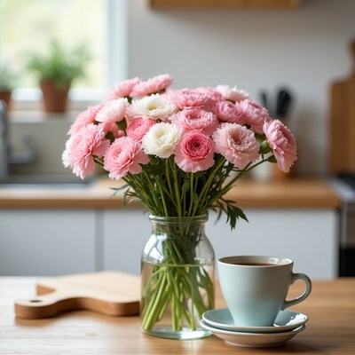 Flowers and coffee on kitchen table