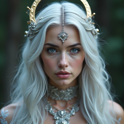 Elegant woman with silver hair posing outdoors