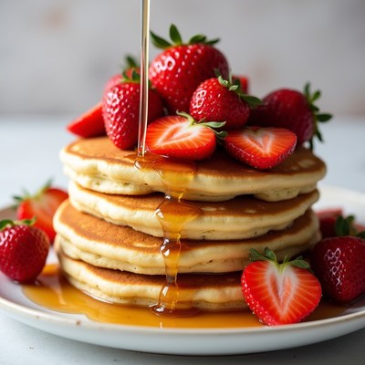 Stack of pancakes topped with strawberries