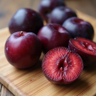 Fresh plums on a wooden board