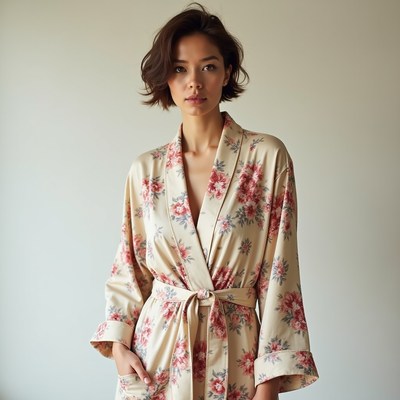 Woman in floral robe indoors