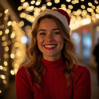 Smiling woman with christmas lights