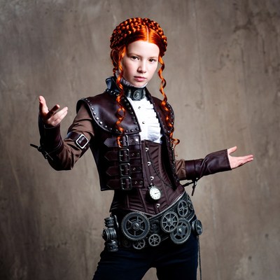 Girl in steampunk costume posing confidently