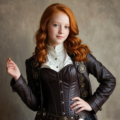 Young girl in steampunk costume posing